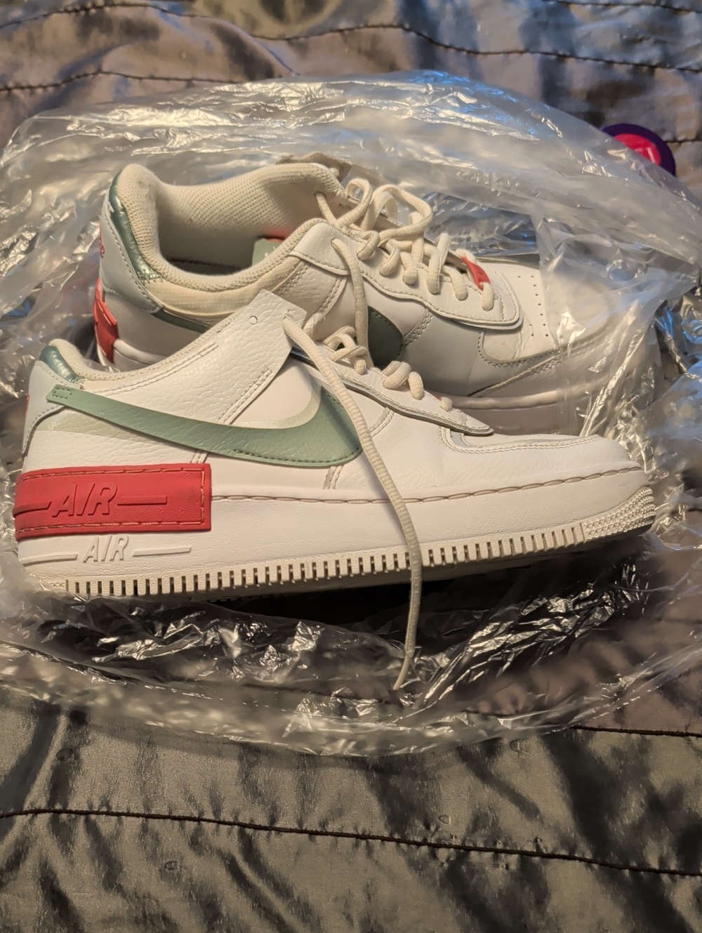 Nike White Sneakers with Mint Swoosh and Coral Heel Tab
